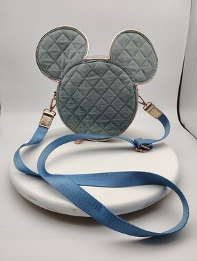 Quilted Mickey Ear Crossbody Bag in Dusty Blue with Gold Trim